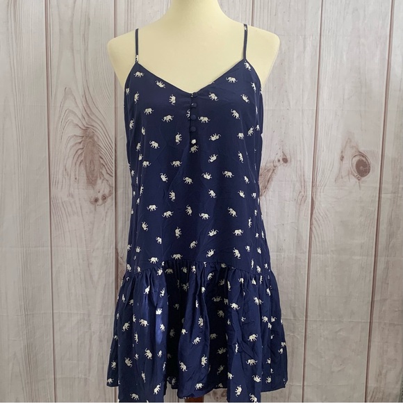 Yumi Kim Revolve Vina Dress Size L Navy Elephant Print Silk Drop Waist - Picture 2 of 11